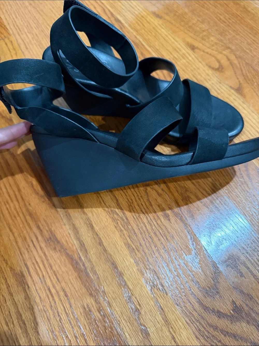 Naturalizer Black Suede Strappy Ankle-Wrap Wedge Sandals